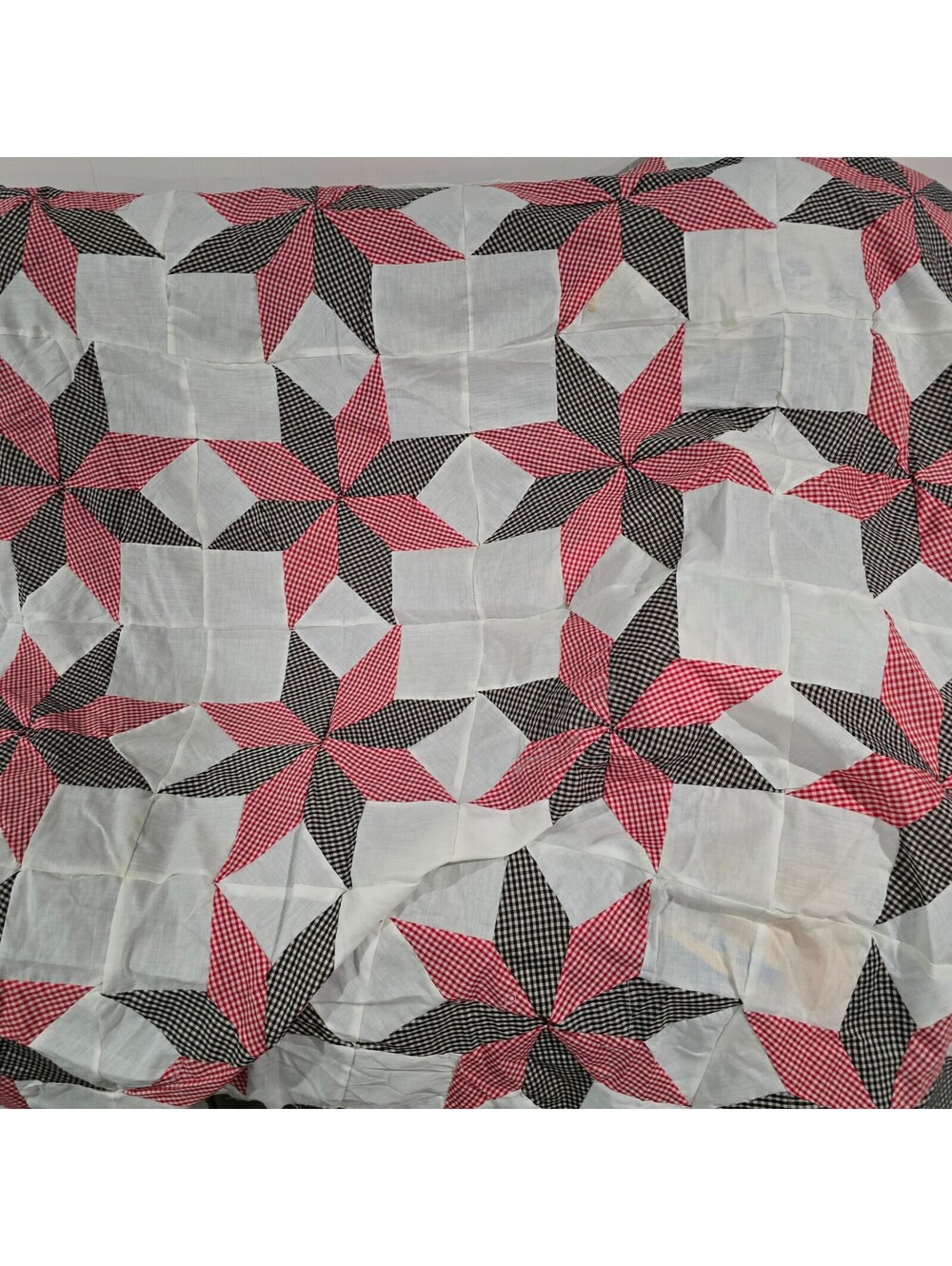 Vintage Handmade Patchwork Quilt TOP with Red and Black Gingham Star Pattern q13